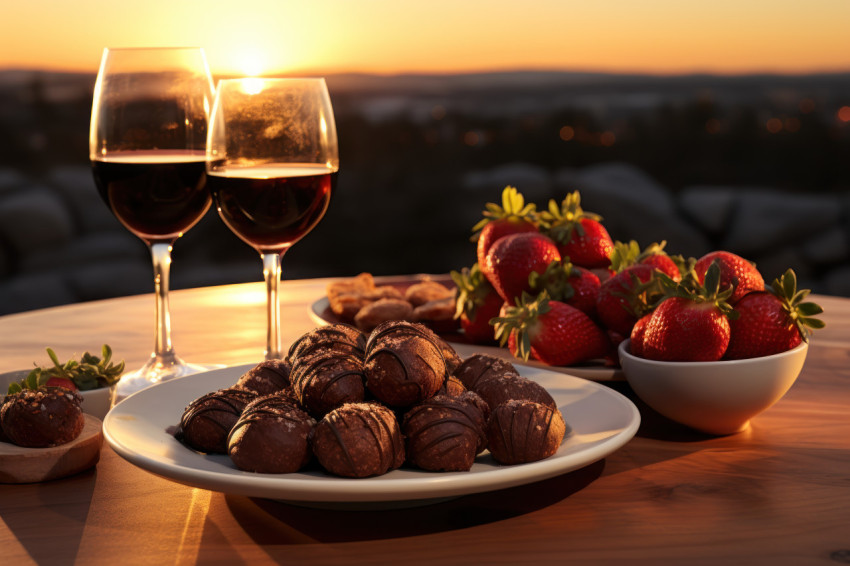 Chocolate dipped strawberries under the long shadows of sunset