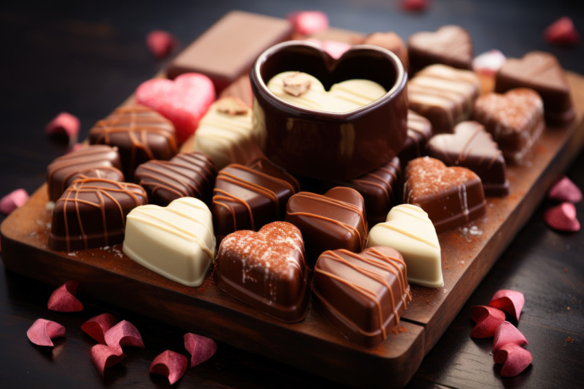 Heart chocolates on a chessboard representing various emotions