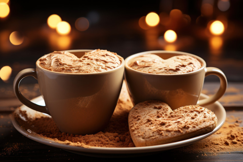 Conceptual image of heart shaped cookies connecting coffee cups