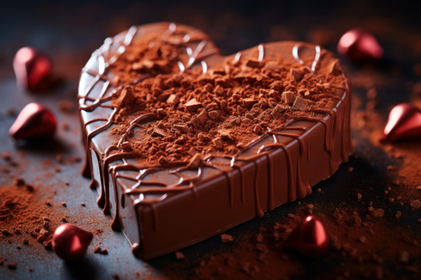 Close up of a heart shaped chocolate being savored