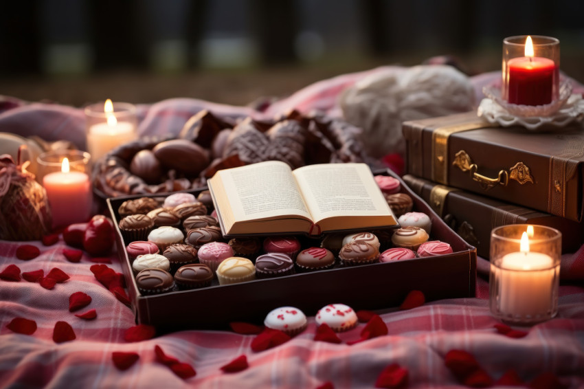 Heart shaped chocolates as the focal point in a romantic picnic