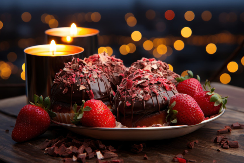 Chocolate covered strawberries in an urban rooftop setting