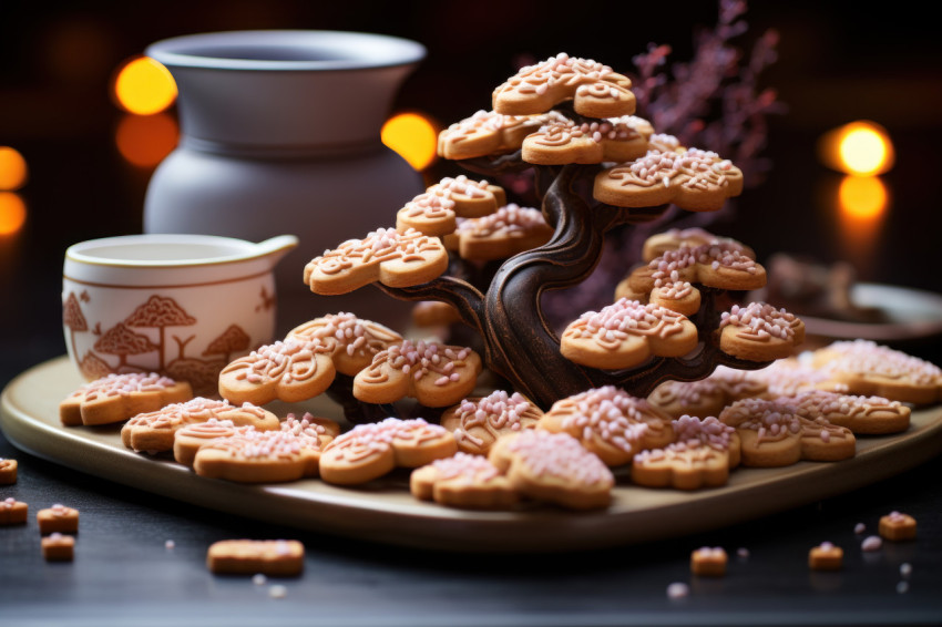 Heart cookies on a zen garden amidst pebbles and bonsai