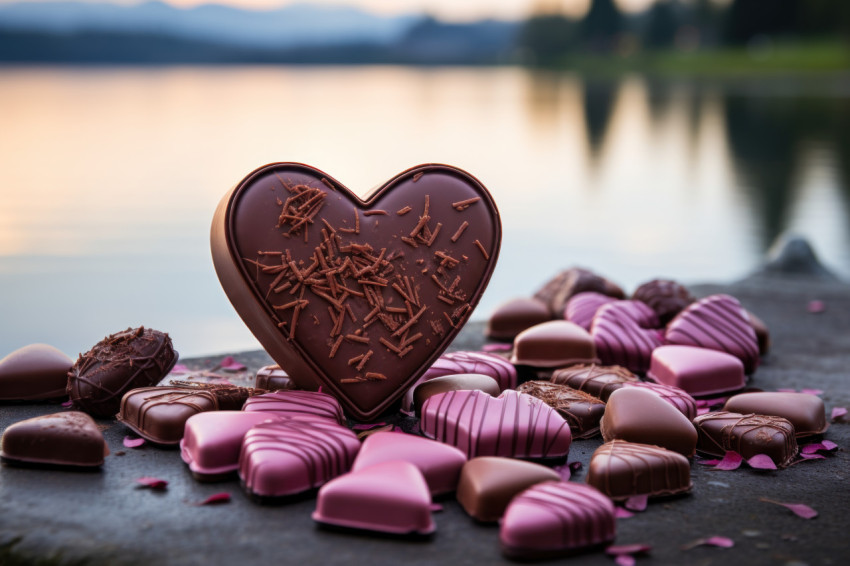 Heart shaped chocolates by the tranquil lakeside emanating peace