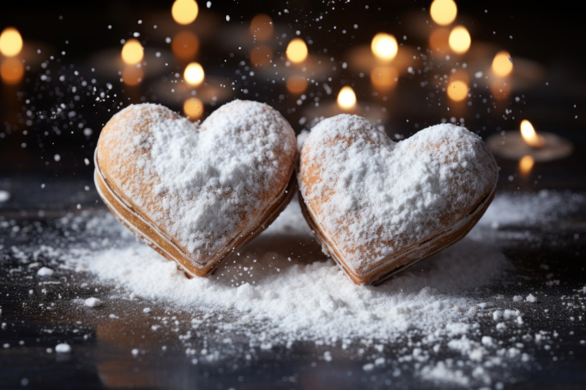 Heart shaped cookies glistening in a studio snowfall of powdered sugar