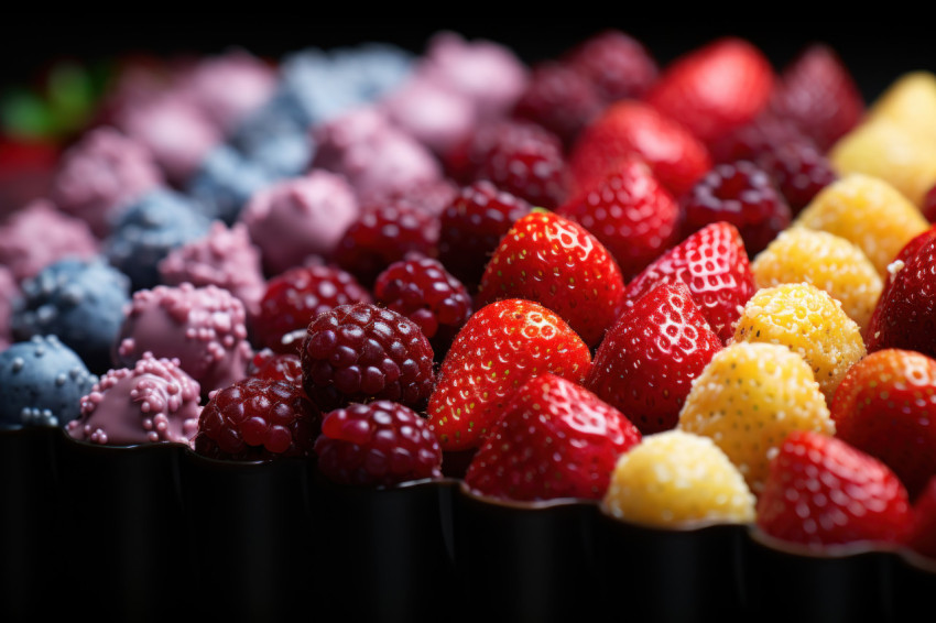 Vibrant rainbow colored chocolate strawberries arranged in a cheerful display