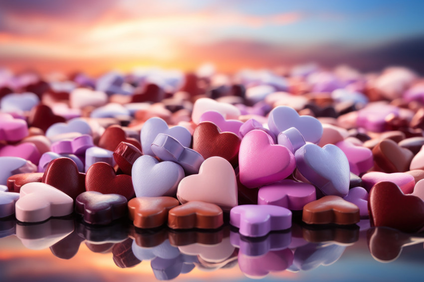 Dreamy pastels frame heart shaped chocolates in a surreal scene