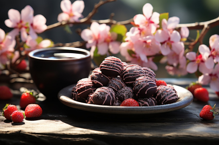 Chocolate coated strawberries in a peaceful japanese garden