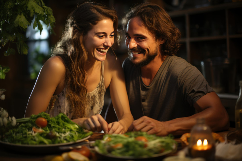 Couple fills the kitchen with laughter in a fun cooking class experience