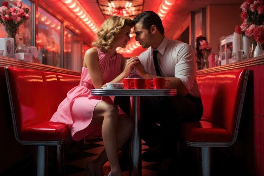 Couple dines in a retro diner booth with checkered floors and nostalgic neon signs