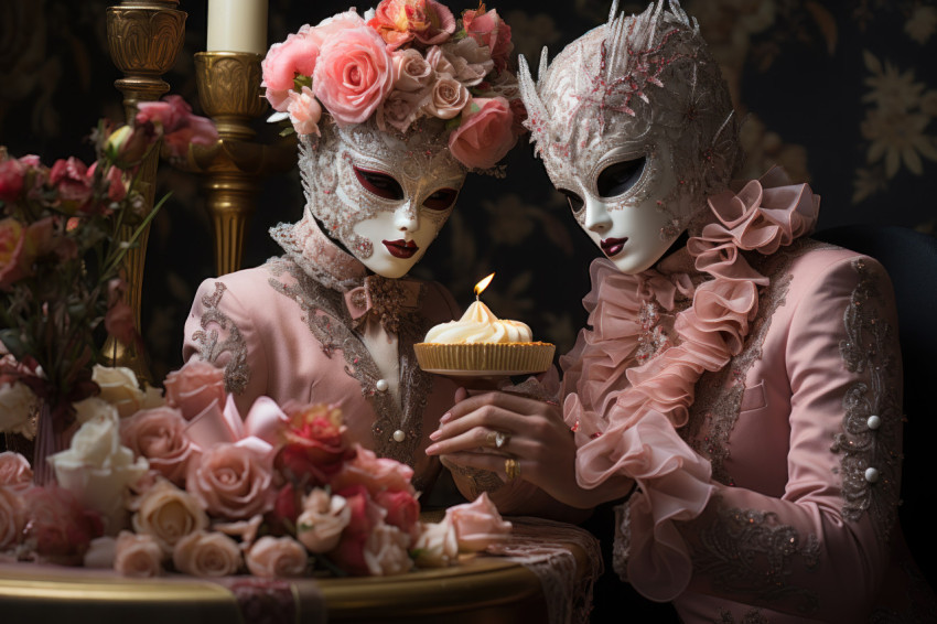 Couple in masquerade masks cuts cake with exquisite mask decorations