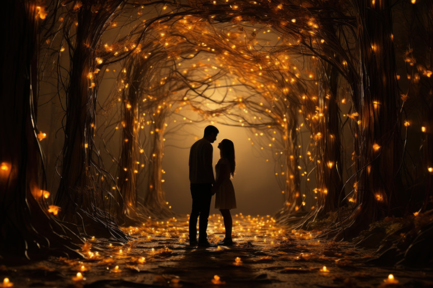 Couple in a enchanted forest sharing ethereal gifts amidst fireflies and twinkling stars