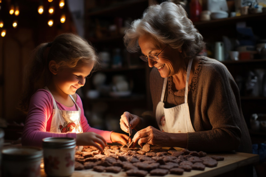 Grandmother teaches grandchild the art of crafting heart shaped cookies passing down treasured traditions