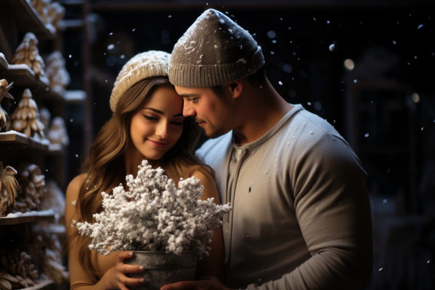 Bouquet proposal in the glistening embrace of snowflakes