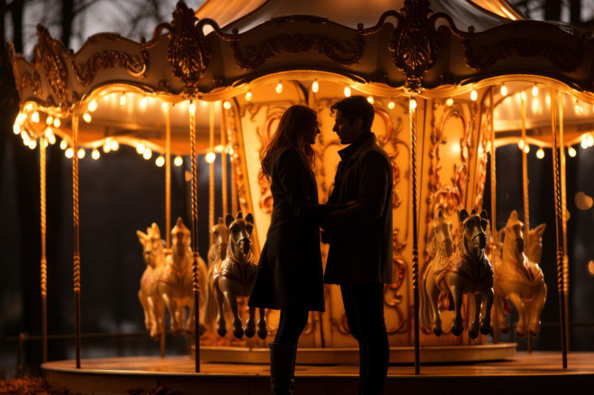 Playful proposal in the glow of a beautifully lit carousel