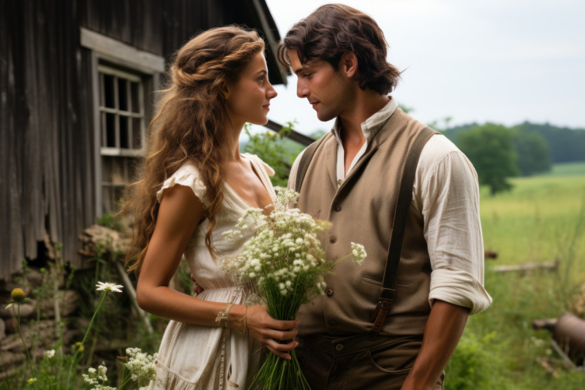 Bridal flower exchange in a quaint meadow with rolling hills and barn