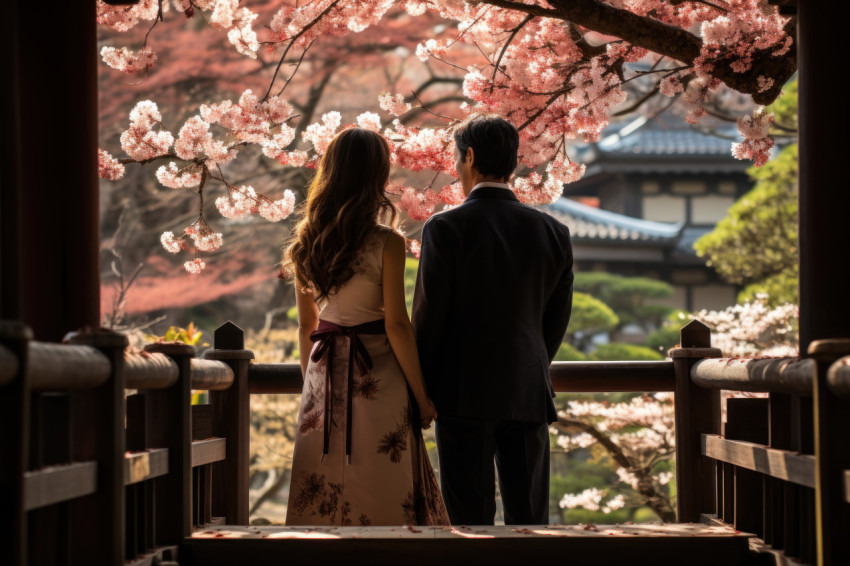 Romantic proposal surrounded by cherry blossoms in a japanese garden