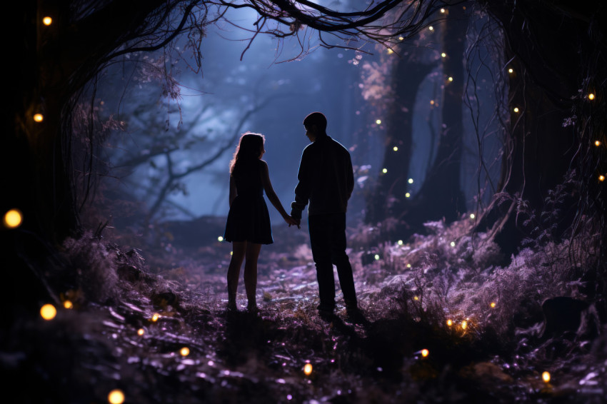 Couple floral exchange in a mystical forest illuminated by moonlight