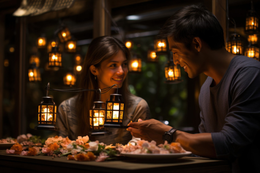 Couple enjoys dinner amidst softly glowing lanterns