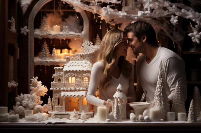 Couple cuts into a cake bedecked with snowflakes and icicles