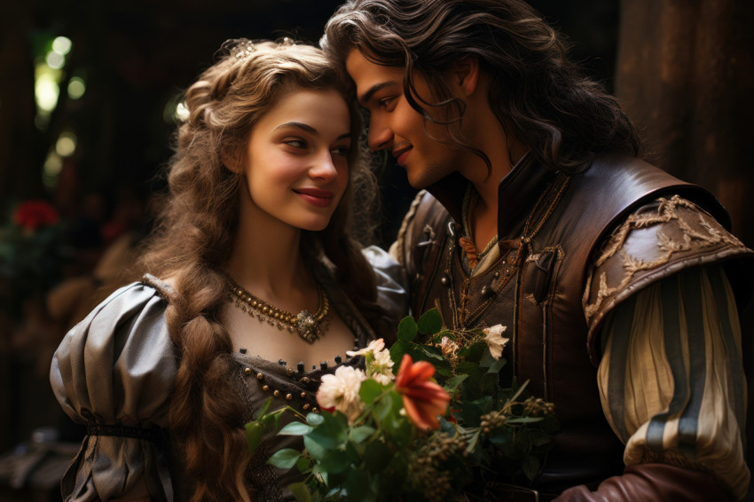 Couple embraces in a renaissance fair exchanging blooms