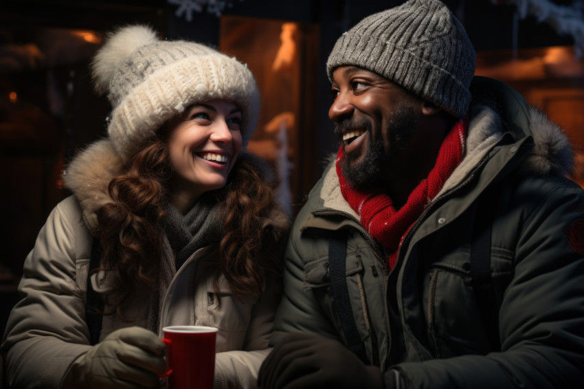 Couple enjoying hot cocoa amidst a snow covered winter wonderland