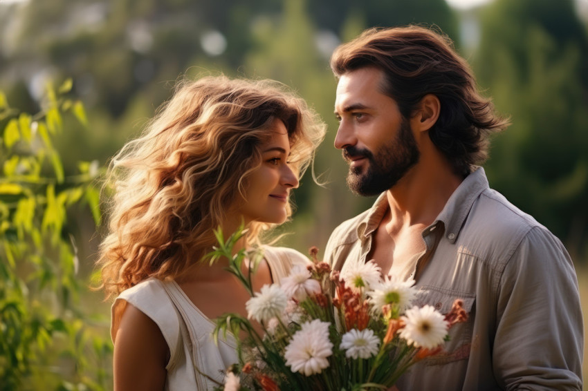 Timeless romantic moment as a couple enjoys a picnic in the meadow