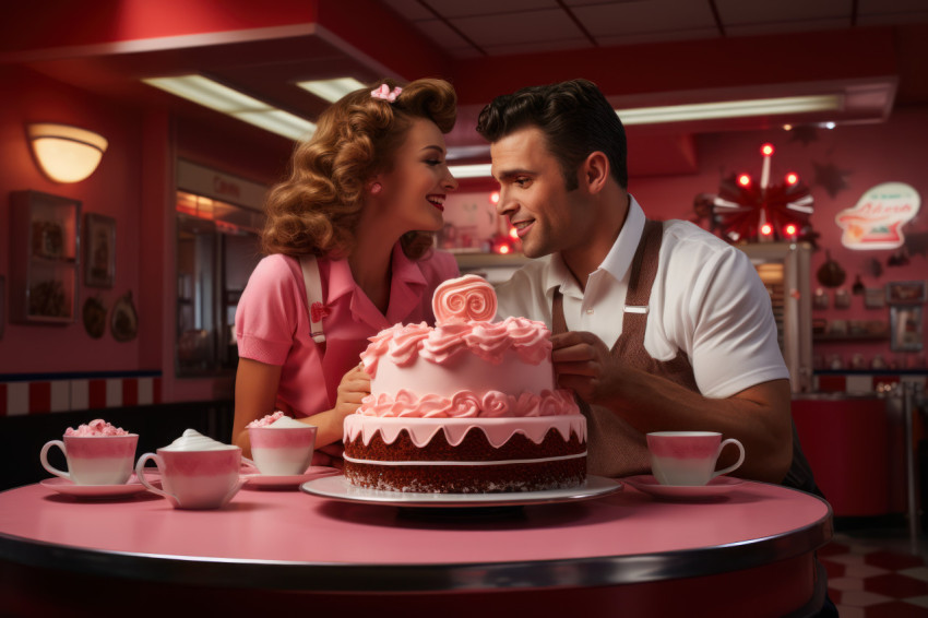 Retro diner cake cutting with a couple and classic motifs