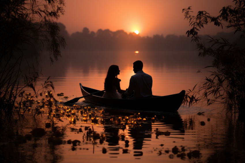 Romantic gesture in a rowboat under the soft glow of candlelight