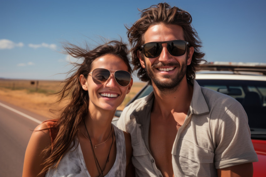 Couple poses cheerfully next to a classic convertible on their impromptu road trip