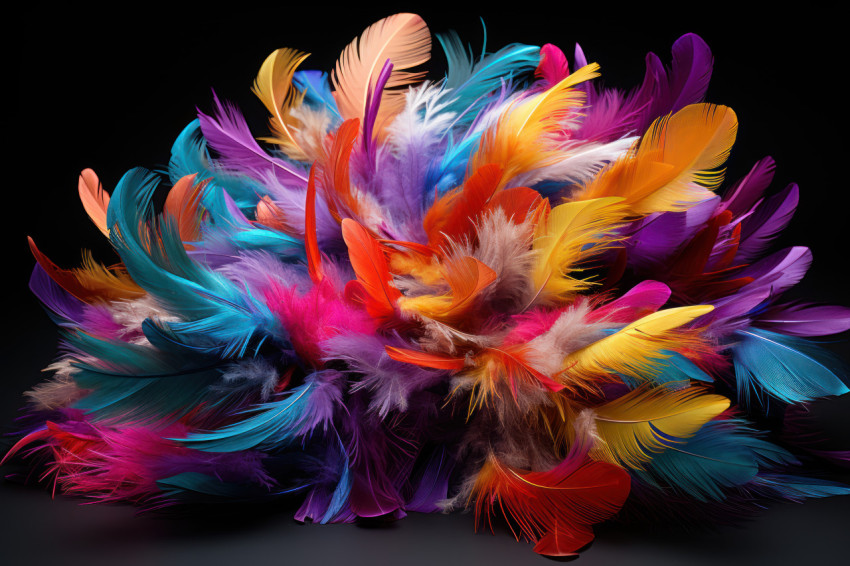 Floating colored feathers create an ethereal scene