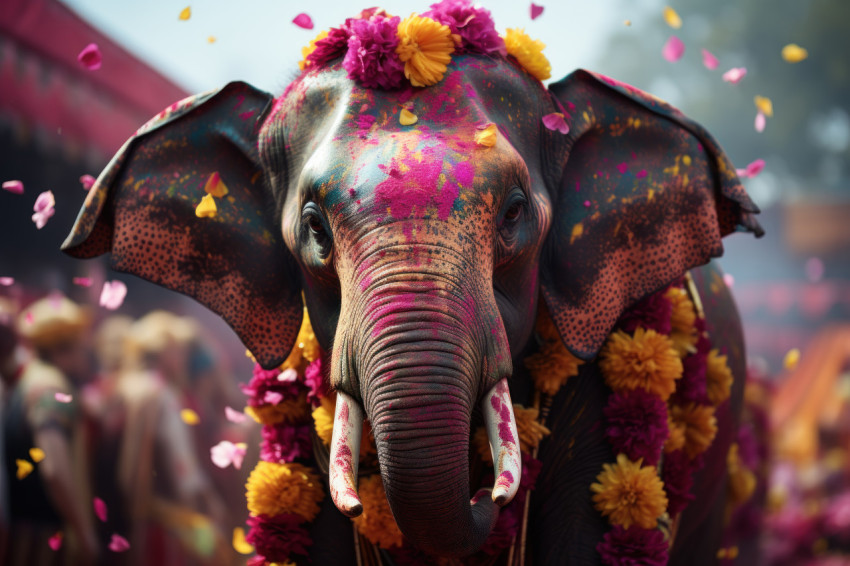 Elephants embrace the hues of holi