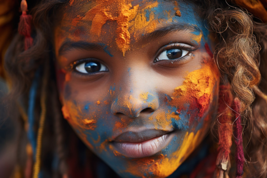 Child face glowing with holi colors