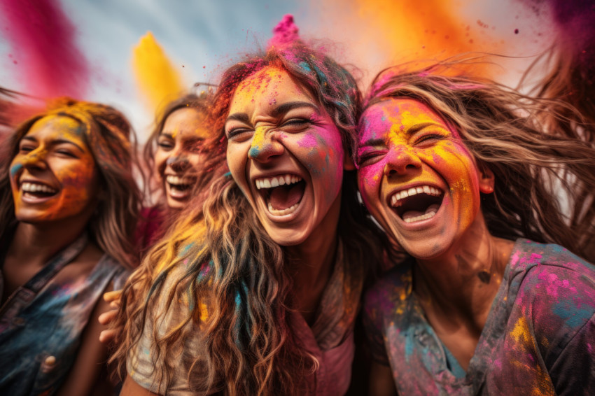 Powdered laughter friends capturing joy in holi vibrancy