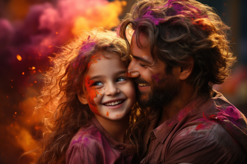 Father and child immersed in holi festivities