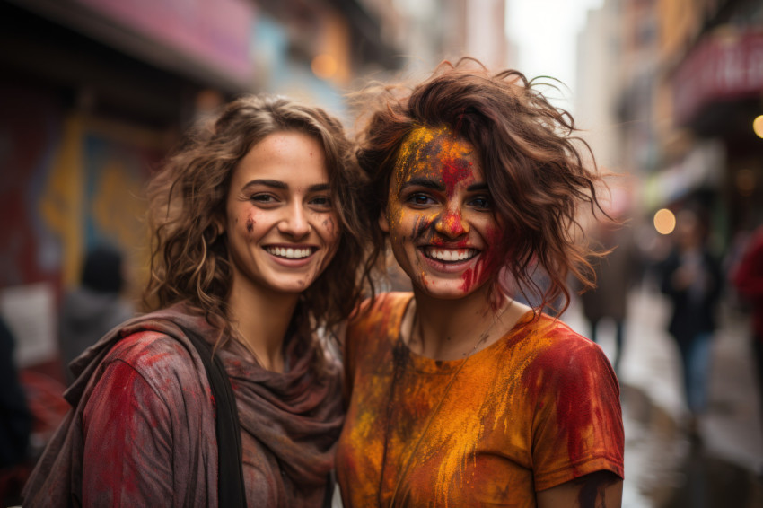 Two women immersed in holi festivities