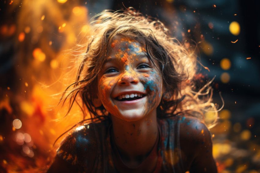 Young girl amid colorful powder play