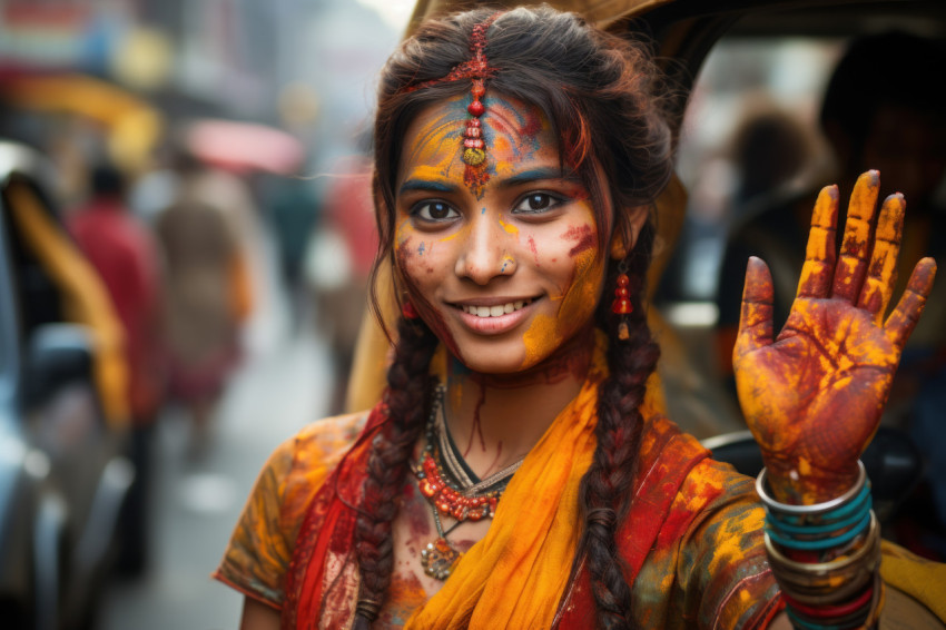 Woman with holi painted hands enlivening indian streets