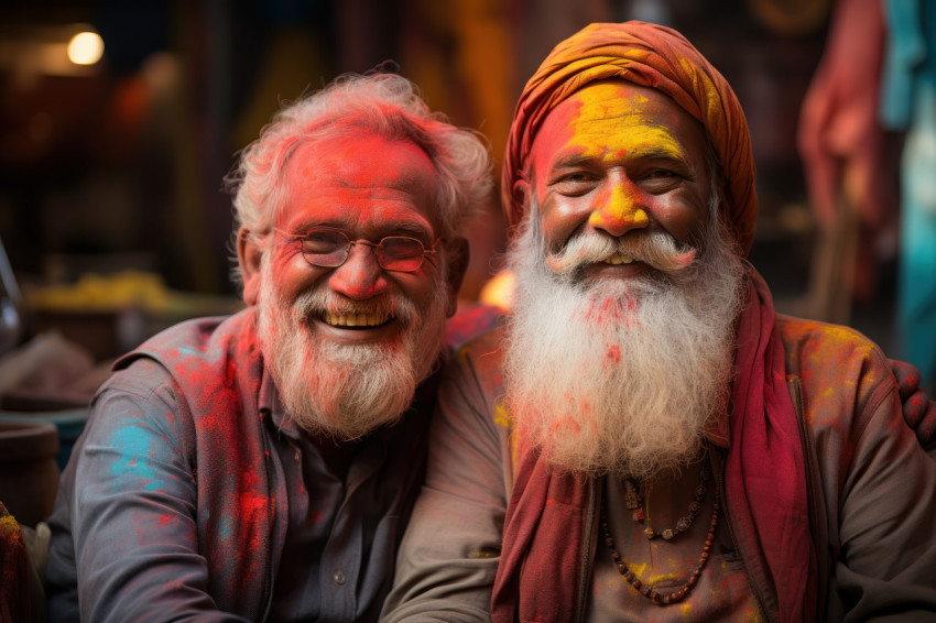 Senior couple in traditional holi powders