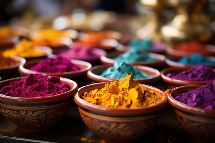 Holi vibrant colors in a bowl