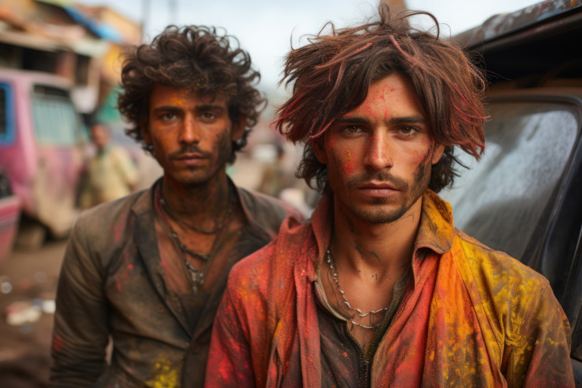 Brothers adorned in holi paint with decorated cars