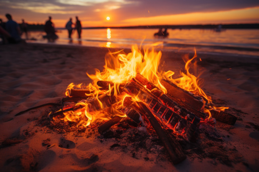 Sunset beach bonfire amid evening glow