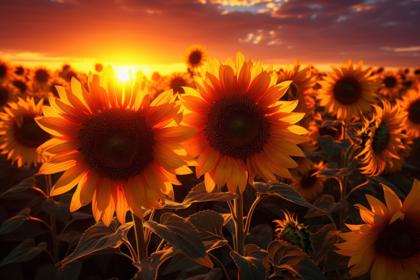 Sunset casts shadows on sunflower field