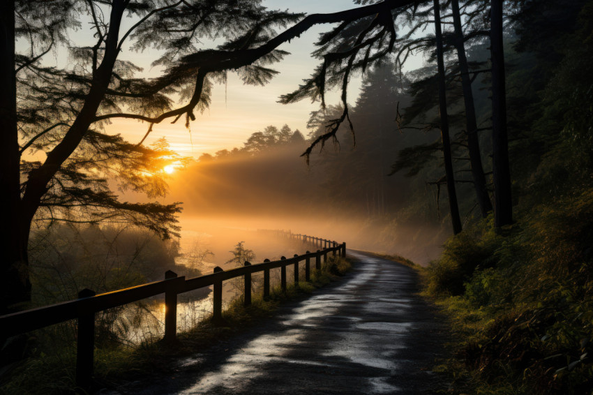 Tranquil forest boardwalk amid morning