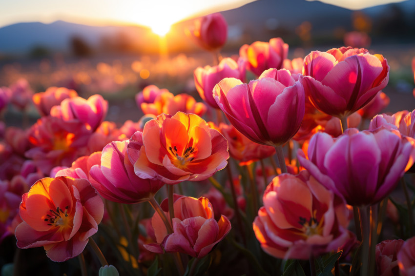 Tulips sunrise embrace on vibrant blooms