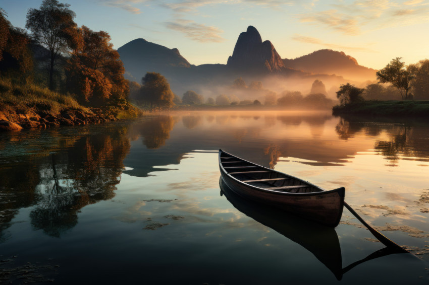 Lone canoe adrift on sunrise waters