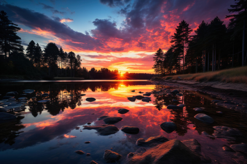 Sunset reflections in lake calm