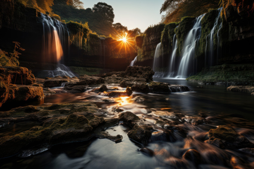 Golden fall sunrise illuminating the cascading waters