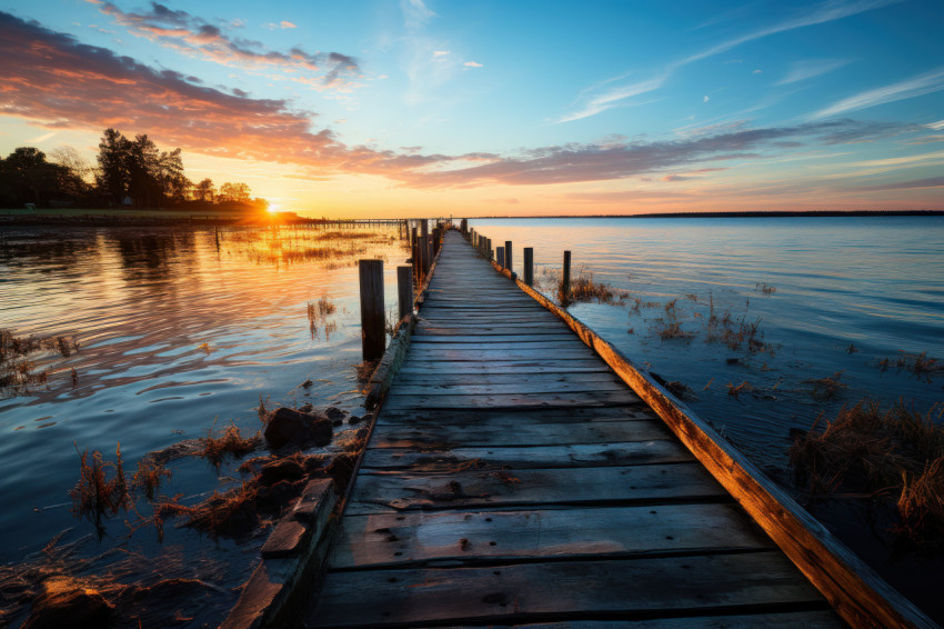 Sunset pier radiance serene waters in evening glow