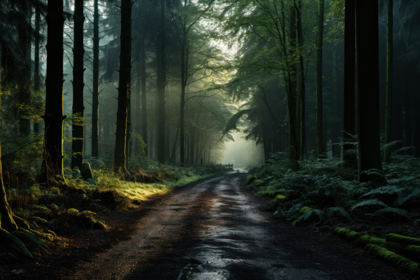 Sunrise soft dawn illuminating dense trees